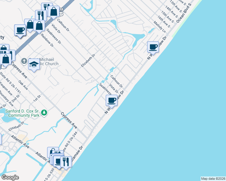 map of restaurants, bars, coffee shops, grocery stores, and more near 125 Vista Drive in Murrells Inlet