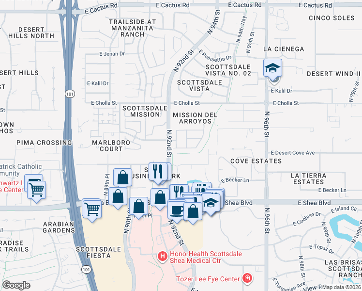 map of restaurants, bars, coffee shops, grocery stores, and more near 11011 North 92nd Street in Scottsdale
