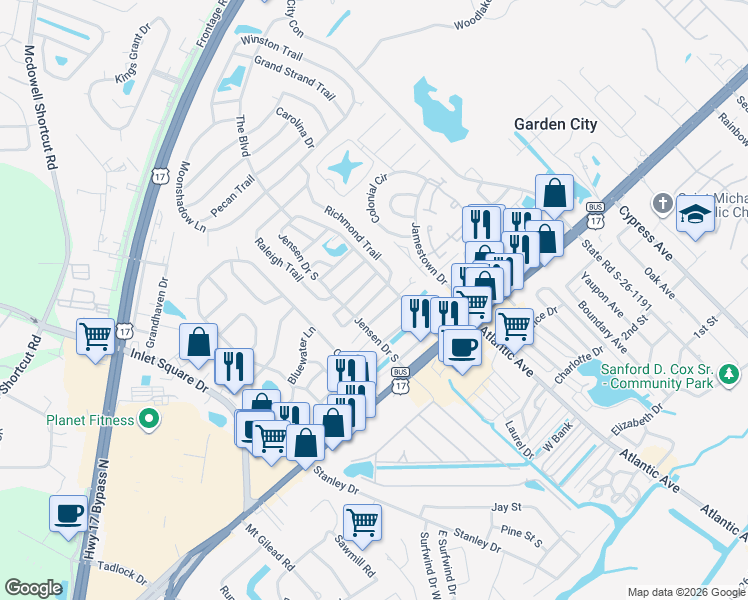 map of restaurants, bars, coffee shops, grocery stores, and more near 2952 Clemson Trail in Murrells Inlet