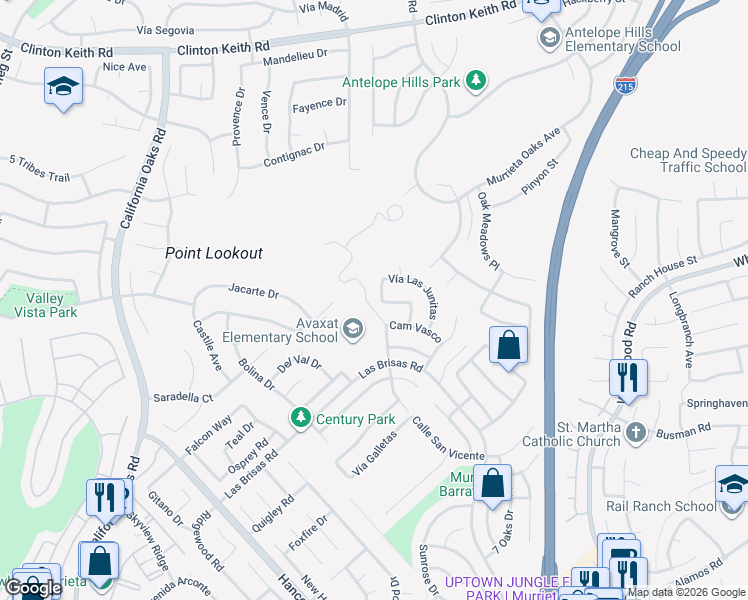 map of restaurants, bars, coffee shops, grocery stores, and more near 24308 Vía Las Junitas in Murrieta