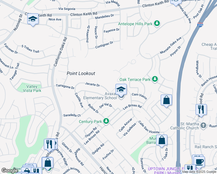 map of restaurants, bars, coffee shops, grocery stores, and more near 24559 Jacarte Drive in Murrieta