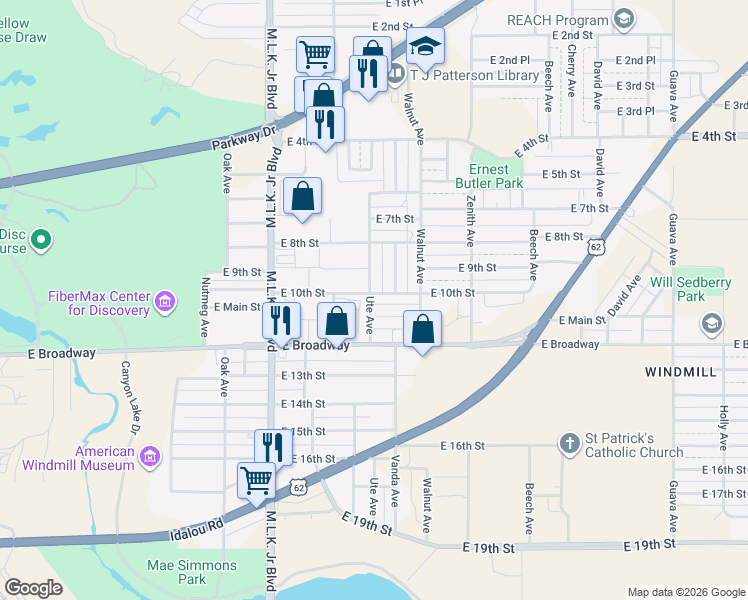 map of restaurants, bars, coffee shops, grocery stores, and more near 1001-1099 Ute Avenue in Lubbock