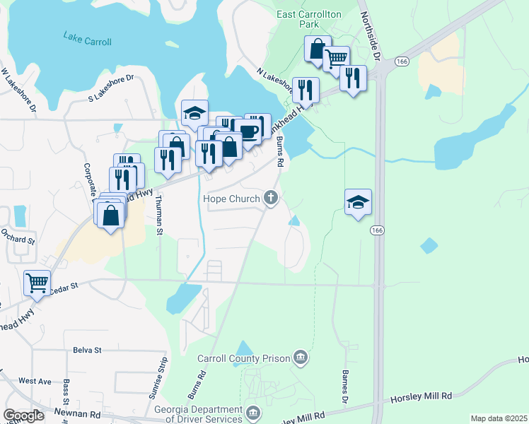 map of restaurants, bars, coffee shops, grocery stores, and more near 448 Burns Road in Carrollton