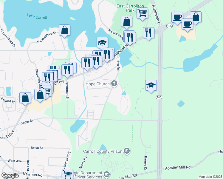 map of restaurants, bars, coffee shops, grocery stores, and more near 397 Burns Road in Carrollton