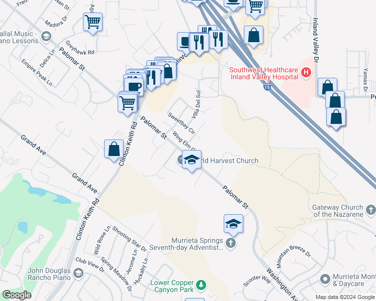 map of restaurants, bars, coffee shops, grocery stores, and more near 23055 Wing Elm Circle in Wildomar