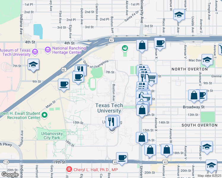 map of restaurants, bars, coffee shops, grocery stores, and more near 807 Boston Avenue in Lubbock