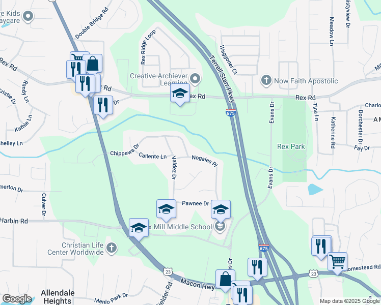 map of restaurants, bars, coffee shops, grocery stores, and more near 3202 Chippewa Drive in Rex