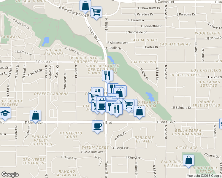 map of restaurants, bars, coffee shops, grocery stores, and more near 11011 North Tatum Boulevard in Phoenix