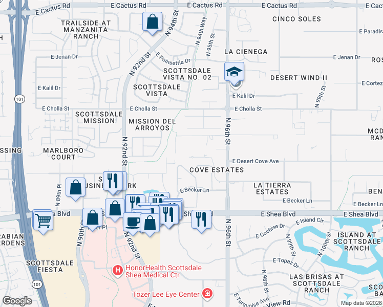 map of restaurants, bars, coffee shops, grocery stores, and more near 9458 East Desert Cove Avenue in Scottsdale