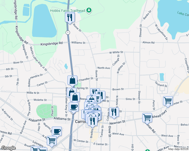 map of restaurants, bars, coffee shops, grocery stores, and more near 123 West Chandler Street in Carrollton