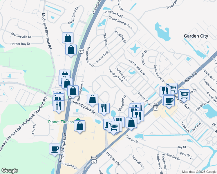map of restaurants, bars, coffee shops, grocery stores, and more near 20 Spinnaker Lane in Murrells Inlet