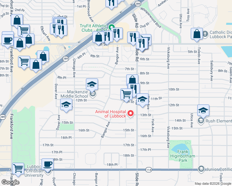 map of restaurants, bars, coffee shops, grocery stores, and more near 5302 11th Street in Lubbock