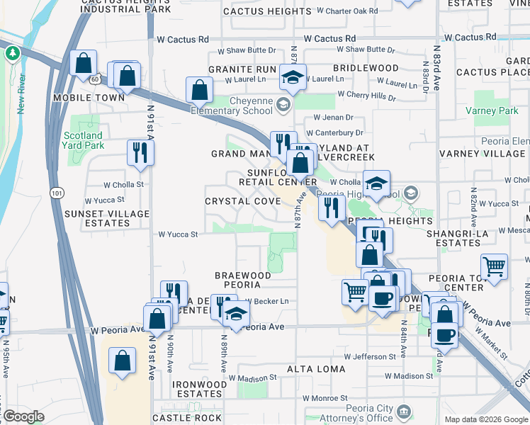 map of restaurants, bars, coffee shops, grocery stores, and more near 8766 West Christopher Michael Lane in Peoria