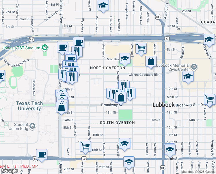 map of restaurants, bars, coffee shops, grocery stores, and more near 2132 10th Street in Lubbock