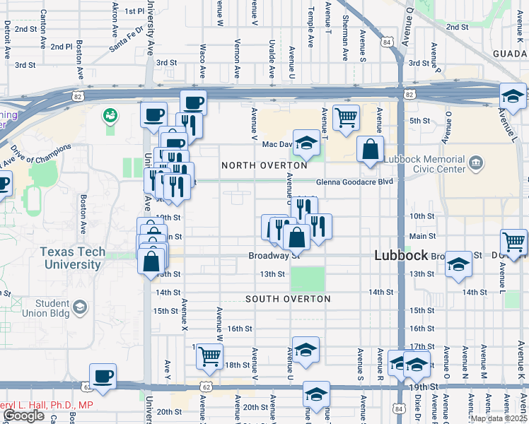 map of restaurants, bars, coffee shops, grocery stores, and more near 2132 10th Street in Lubbock