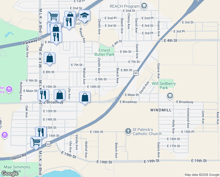 map of restaurants, bars, coffee shops, grocery stores, and more near 2720 East 10th Street in Lubbock