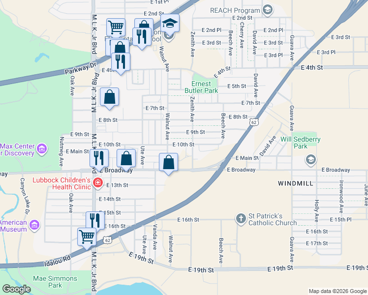 map of restaurants, bars, coffee shops, grocery stores, and more near 2404 East 10th Street in Lubbock
