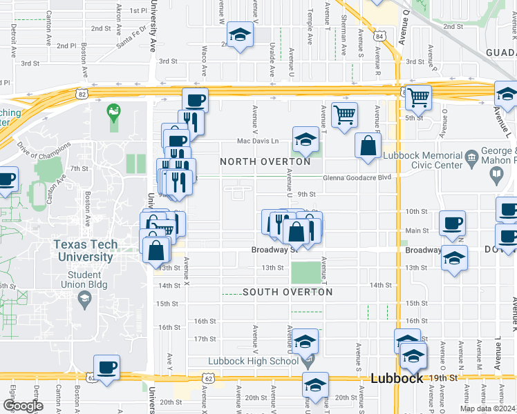 map of restaurants, bars, coffee shops, grocery stores, and more near 2132 10th Street in Lubbock