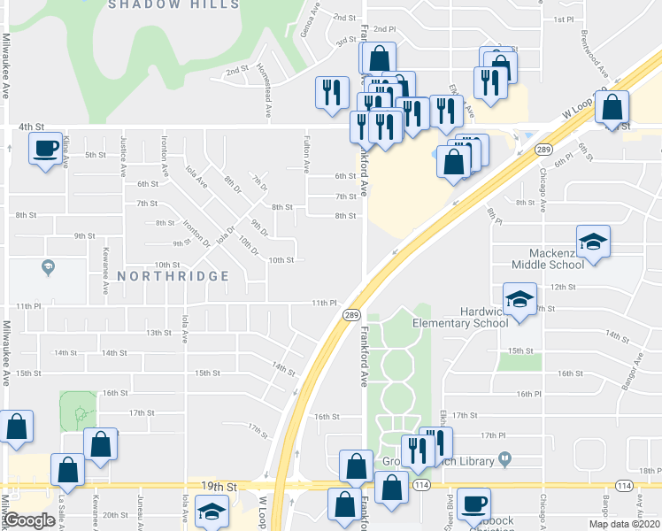 map of restaurants, bars, coffee shops, grocery stores, and more near 1002 Frankford Avenue in Lubbock