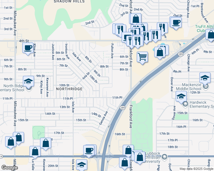 map of restaurants, bars, coffee shops, grocery stores, and more near 6000 12th Street in Lubbock