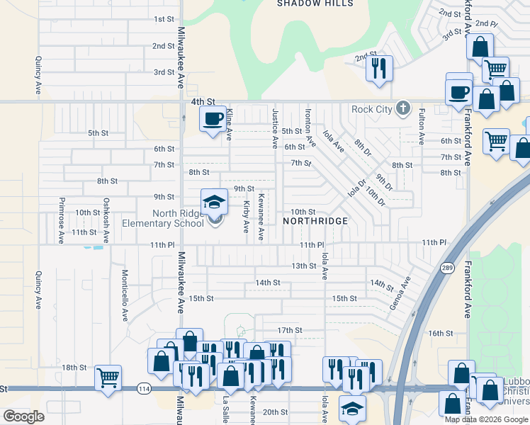 map of restaurants, bars, coffee shops, grocery stores, and more near 915 Kewanee Avenue in Lubbock