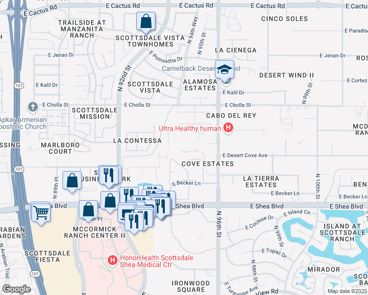 map of restaurants, bars, coffee shops, grocery stores, and more near 9458 East Desert Cove Avenue in Scottsdale