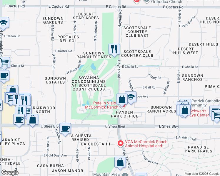 map of restaurants, bars, coffee shops, grocery stores, and more near 7922 East Gail Road in Scottsdale