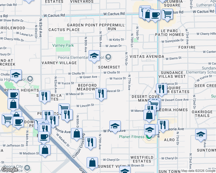 map of restaurants, bars, coffee shops, grocery stores, and more near 11207 North 79th Avenue in Peoria