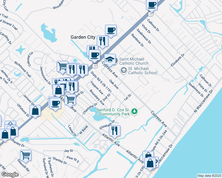 map of restaurants, bars, coffee shops, grocery stores, and more near 506 Pine Avenue in Murrells Inlet