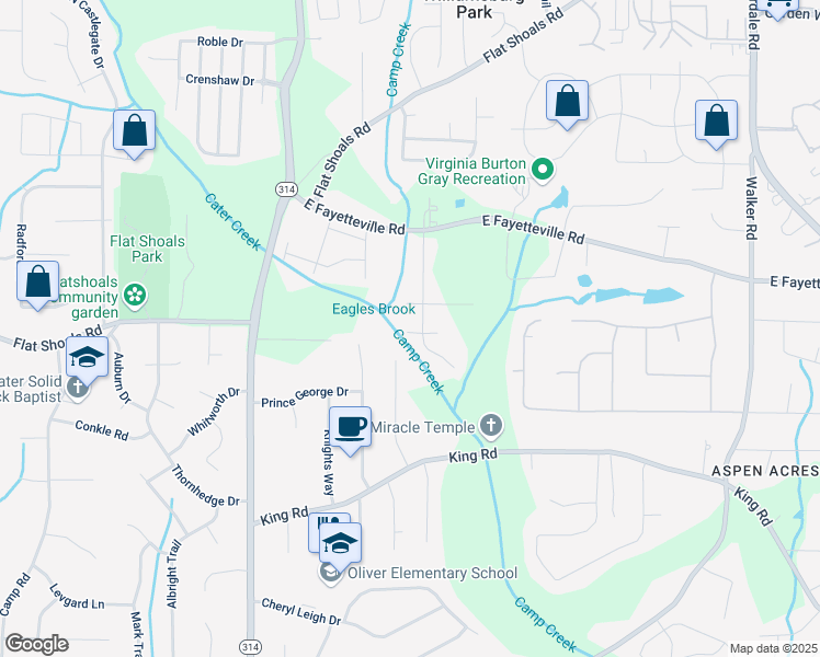 map of restaurants, bars, coffee shops, grocery stores, and more near Cater Lane in Clayton County