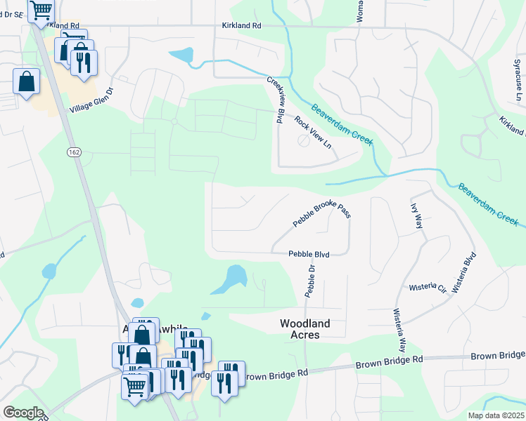 map of restaurants, bars, coffee shops, grocery stores, and more near 125 Pebble Brooke Court in Covington