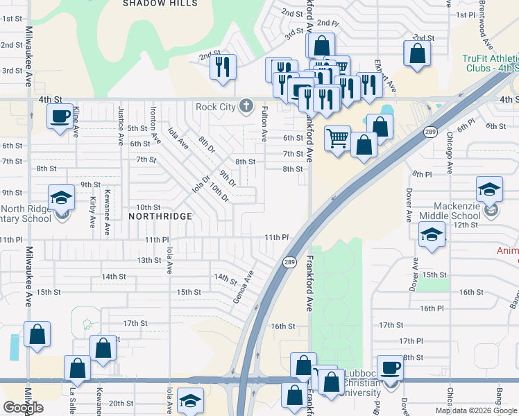 map of restaurants, bars, coffee shops, grocery stores, and more near 6000 12th Street in Lubbock