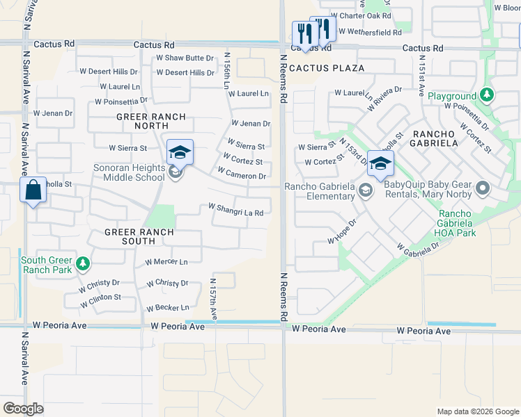 map of restaurants, bars, coffee shops, grocery stores, and more near 15558 West Shangri La Road in Surprise