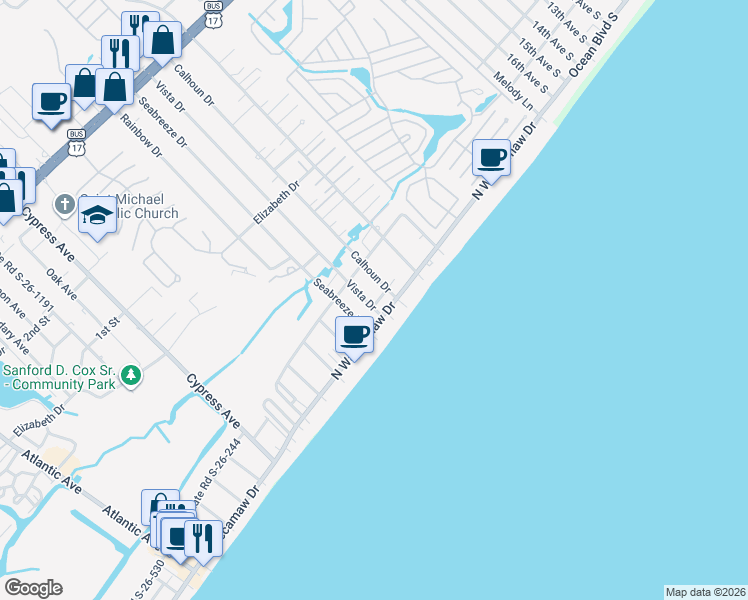 map of restaurants, bars, coffee shops, grocery stores, and more near 125 Vista Drive in Murrells Inlet