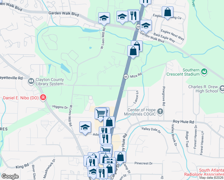 map of restaurants, bars, coffee shops, grocery stores, and more near 646 Poplar Springs Road in Riverdale