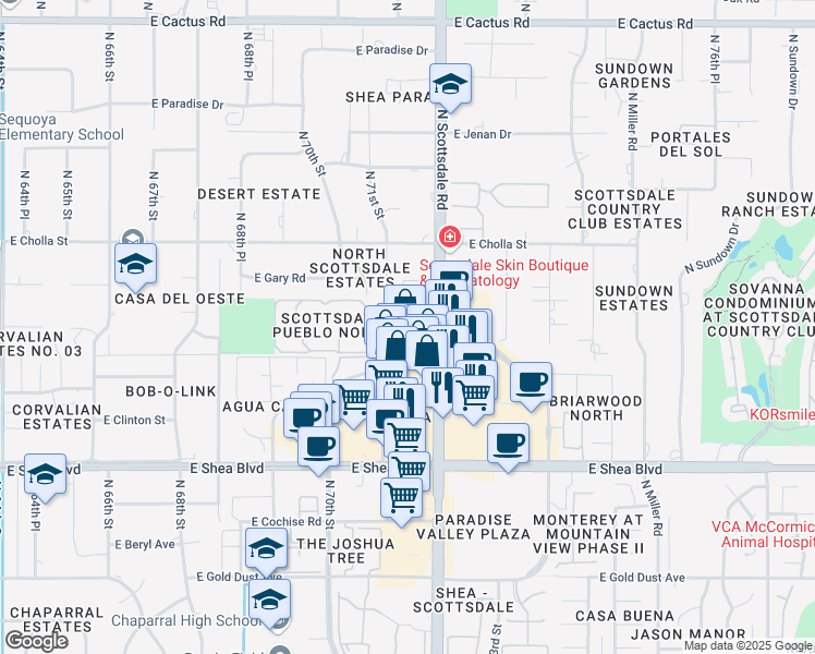 map of restaurants, bars, coffee shops, grocery stores, and more near 7091 East Mescal Street in Scottsdale