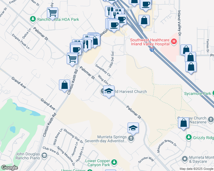map of restaurants, bars, coffee shops, grocery stores, and more near 23055 Wing Elm Circle in Wildomar