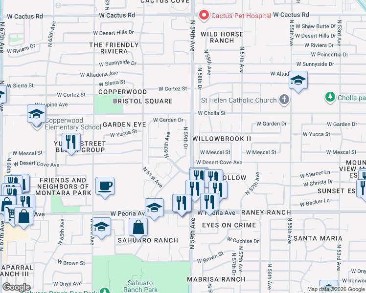 map of restaurants, bars, coffee shops, grocery stores, and more near 11028 North 59th Drive in Glendale