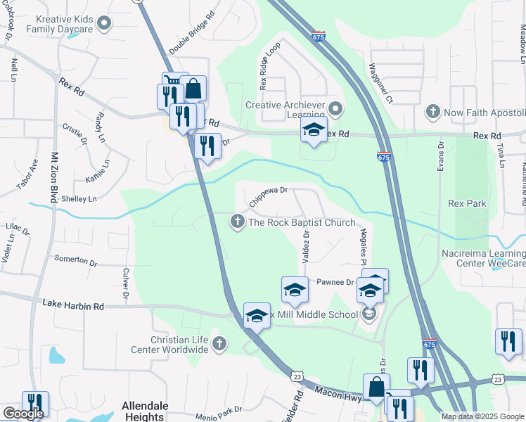 map of restaurants, bars, coffee shops, grocery stores, and more near 3078 Caliente Lane in Rex