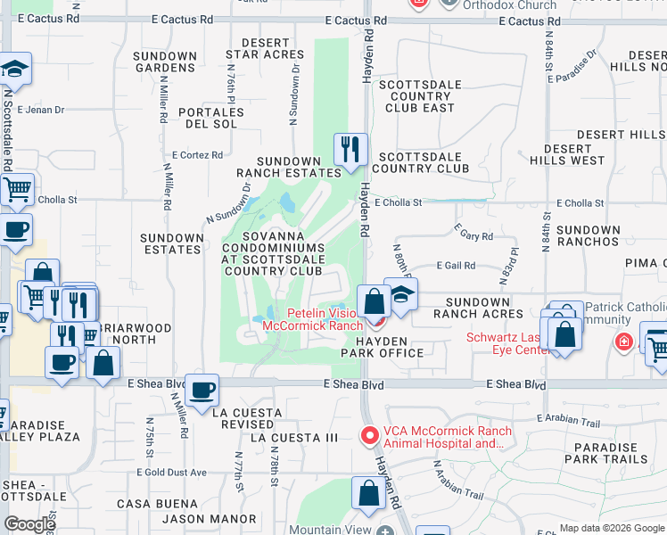 map of restaurants, bars, coffee shops, grocery stores, and more near 7922 East Gail Road in Scottsdale