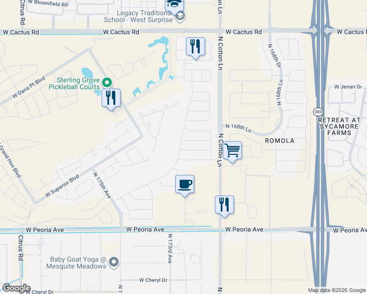 map of restaurants, bars, coffee shops, grocery stores, and more near 17223 West Edinburg Street in Surprise
