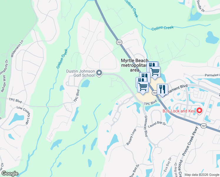 map of restaurants, bars, coffee shops, grocery stores, and more near 11 Stone Crest Lane in Murrells Inlet