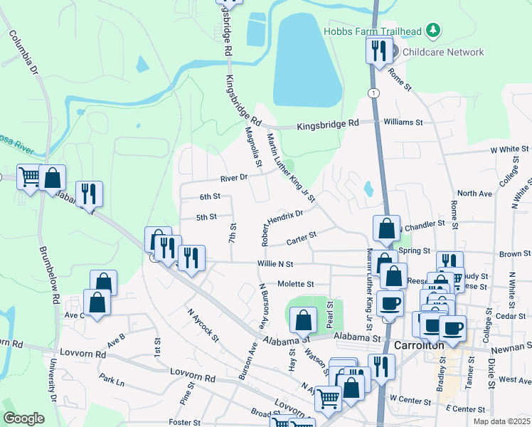 map of restaurants, bars, coffee shops, grocery stores, and more near 123 Robert Hendrix Drive in Carrollton