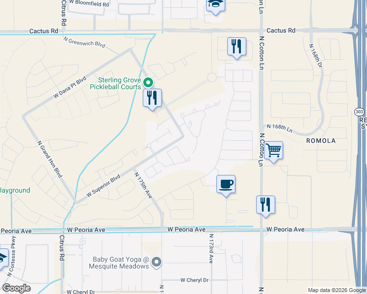 map of restaurants, bars, coffee shops, grocery stores, and more near 11233 North Blakely Street in Surprise