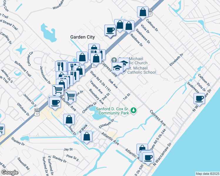 map of restaurants, bars, coffee shops, grocery stores, and more near 506 Pine Avenue in Murrells Inlet