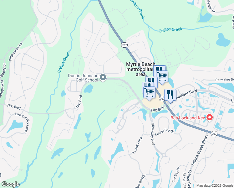 map of restaurants, bars, coffee shops, grocery stores, and more near 11 Stone Crest Lane in Murrells Inlet