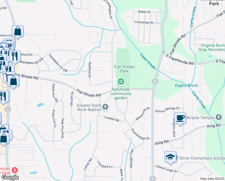 map of restaurants, bars, coffee shops, grocery stores, and more near Castlegate Dr & Flat Shoals Rd in Riverdale