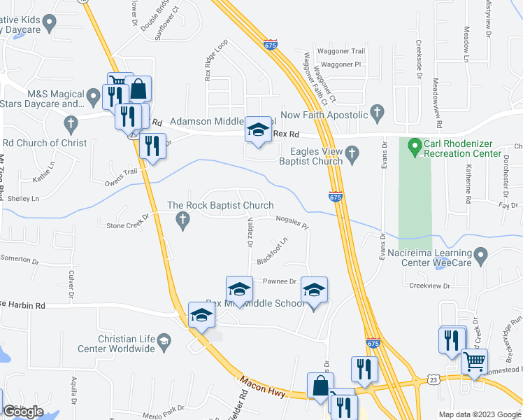 map of restaurants, bars, coffee shops, grocery stores, and more near 3197 Chippewa Drive in Rex