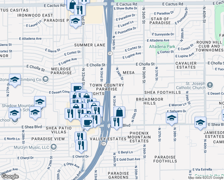 map of restaurants, bars, coffee shops, grocery stores, and more near 3328 East Desert Cove Avenue in Phoenix