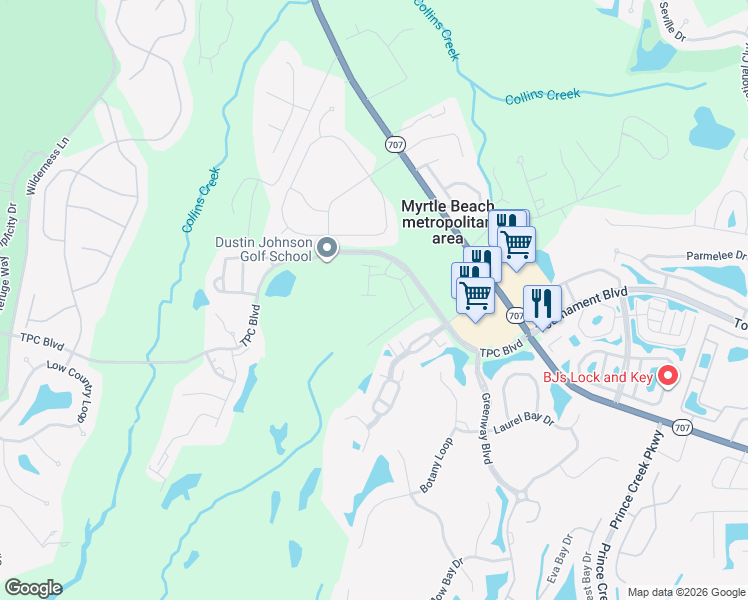 map of restaurants, bars, coffee shops, grocery stores, and more near 11 Stone Crest Lane in Murrells Inlet